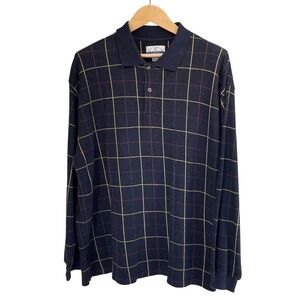 David Leadbetter Golf Shirt by Jos A Bank Mens L/S Blue Plaid Polo Shirt Size L